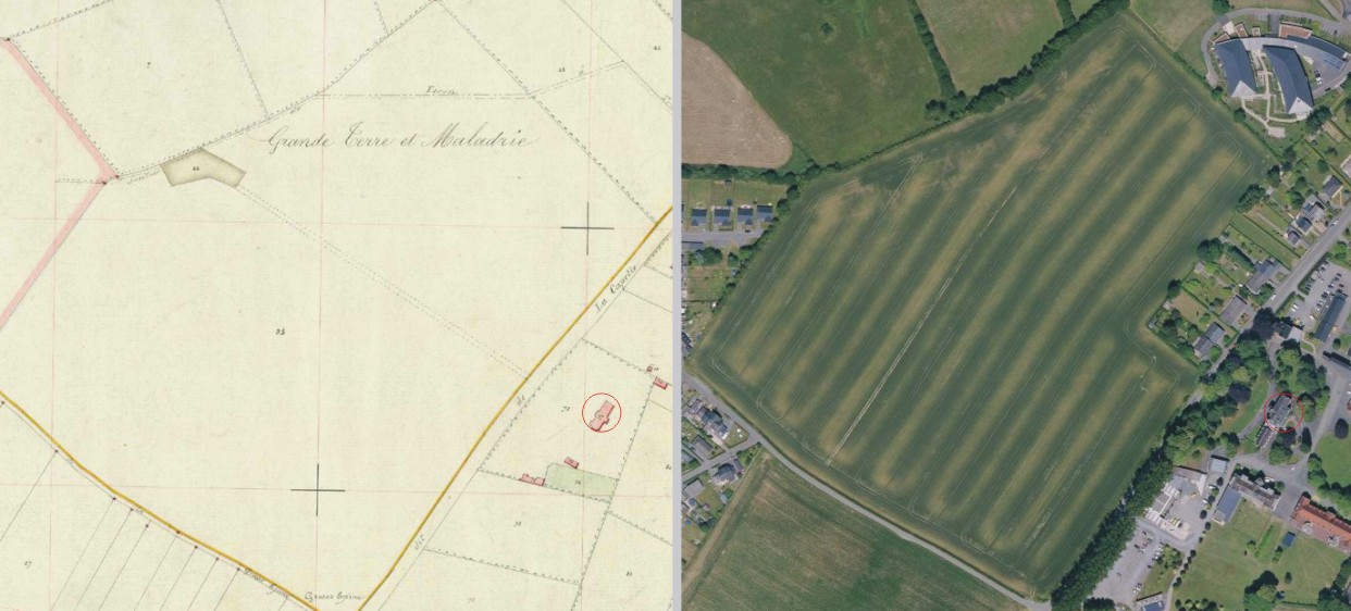 Le château de la Huda à Trélon sur le cadastre de 1881 et vue aérienne.