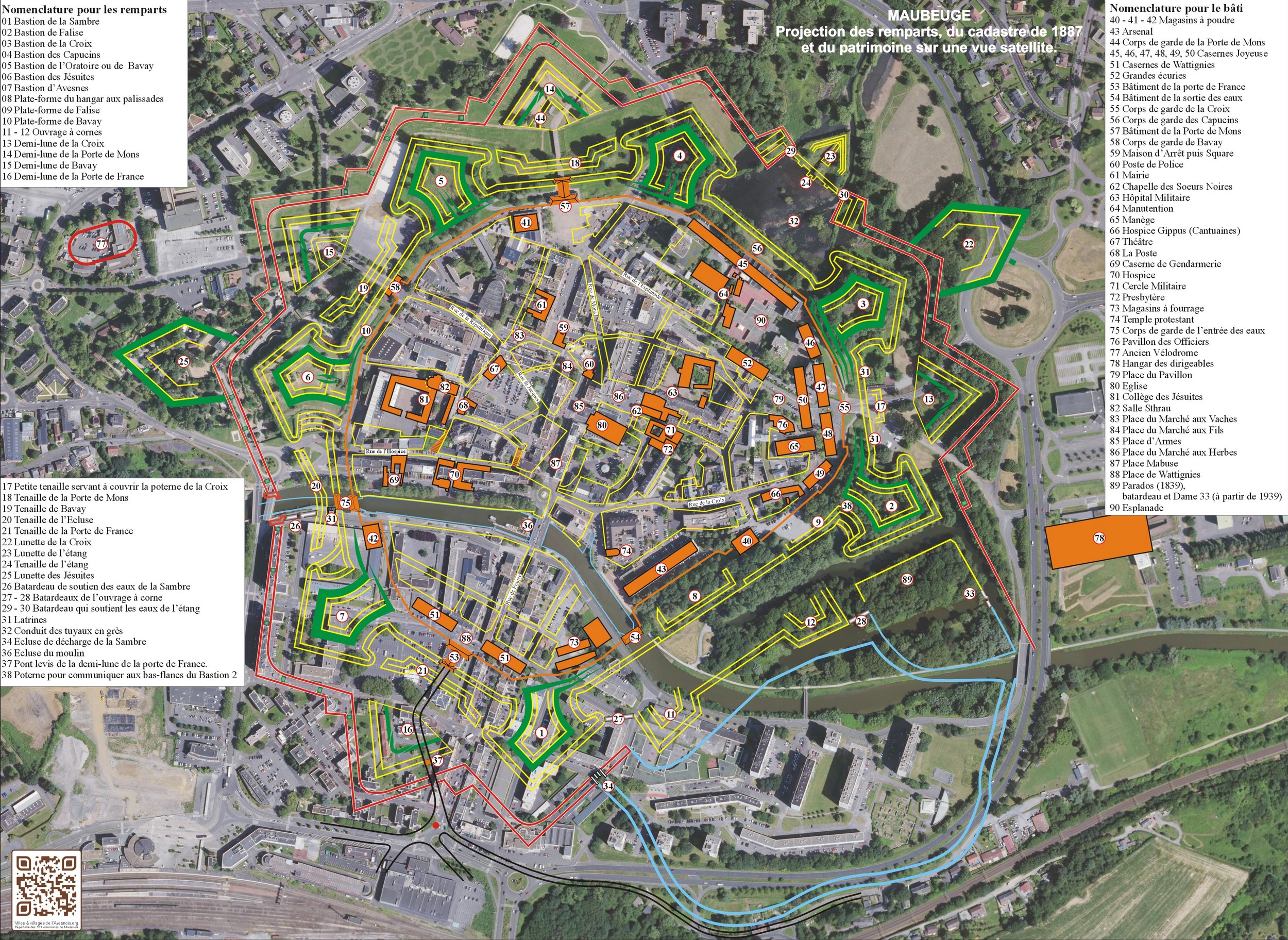 Les remparts de Maubeuge, le cadastre et le patrimoine de la ville projetés sur une vue satellite
