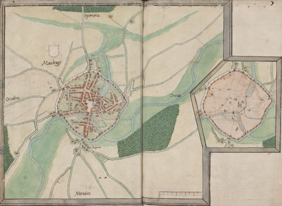 Maubeuge sur une carte de Jacques de Deventer vers 1550.	grand format 