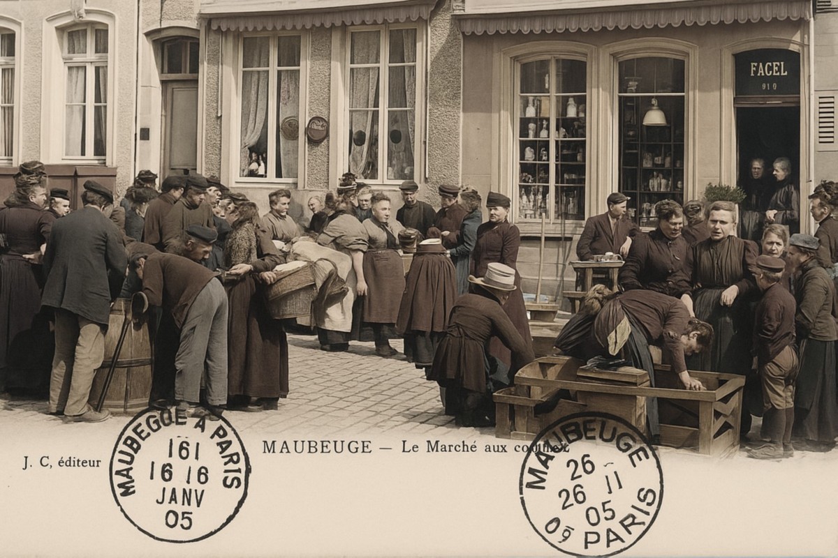Cartes postales anciennes de Maubeuge, marché aux fils