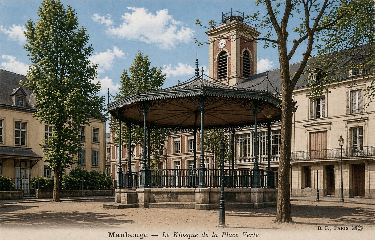 Maubeuge, cartes postales anciennes, la place Verte, le kiosque