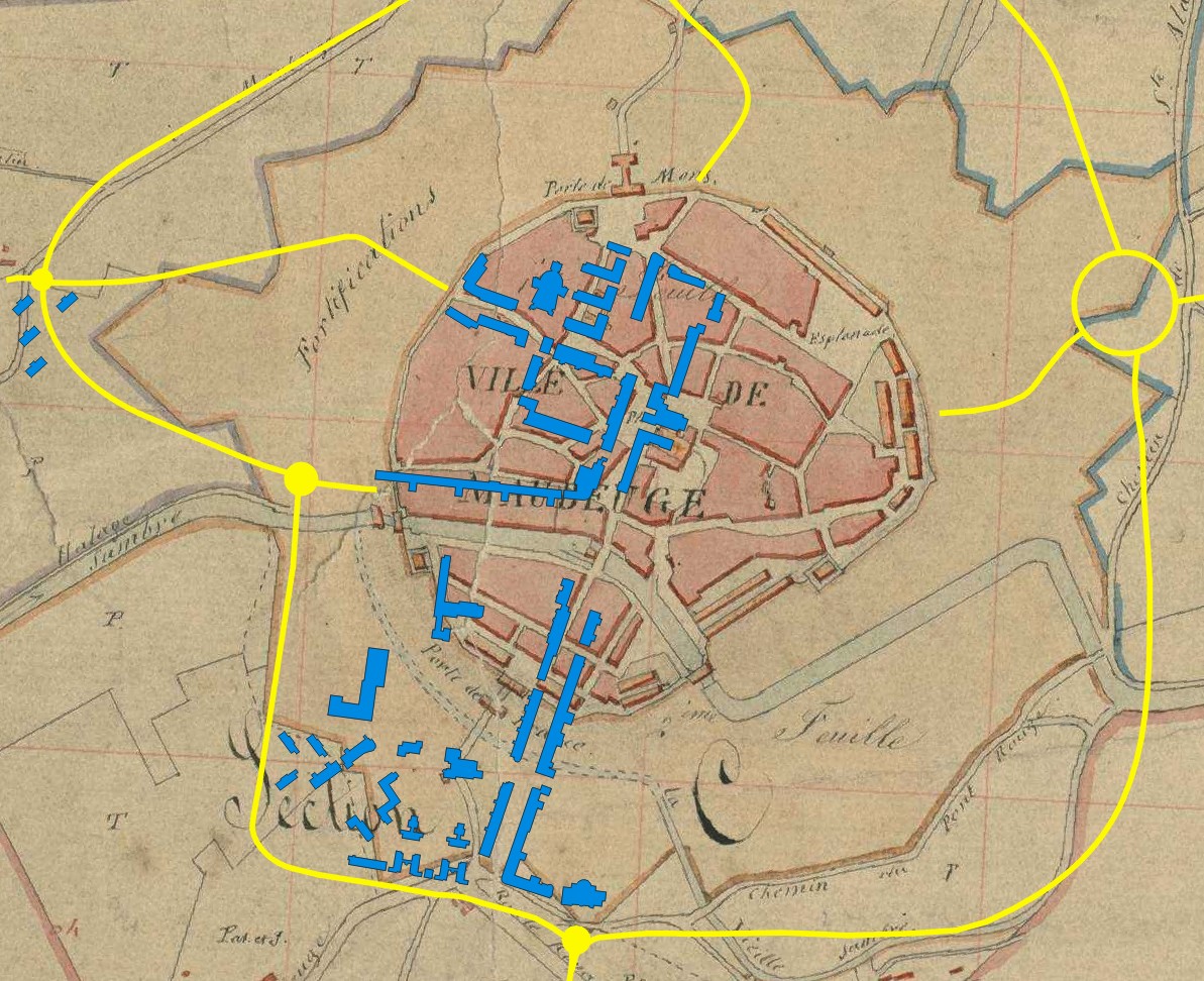 Maubeuge, les réalisations de Lurçat projetées sur le cadastre de 1847.