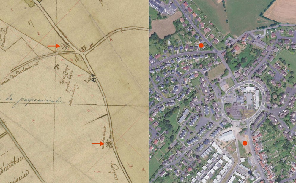 Avesnois, le moulin à vent d'Aulnoye Aymeries sur le cadastre de 1812 avec la projection de son emplacement sur la vue satellite.