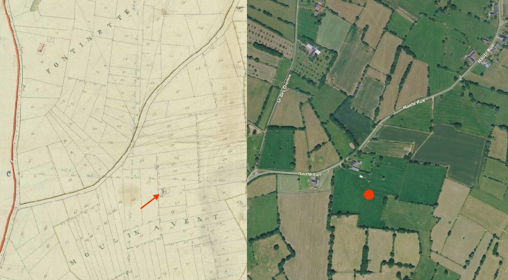 Avesnois, le moulin à vent de Beaurepaire sur Sambre sur le cadastre de 1813 et vue satellite.