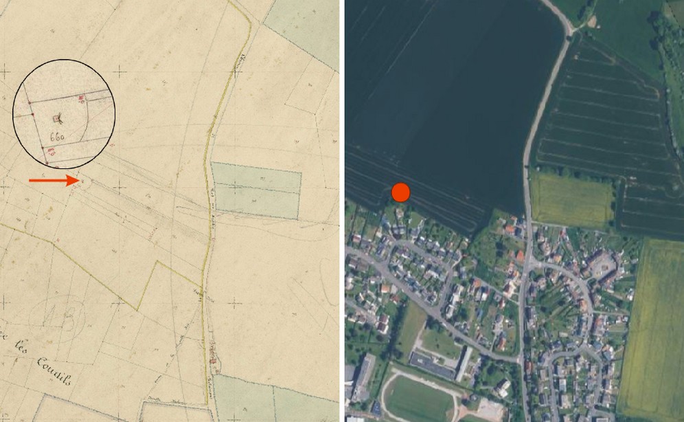 Avesnois, le moulin à vent de Berlaimont sur le cadastre de 1812 et vue satellite.