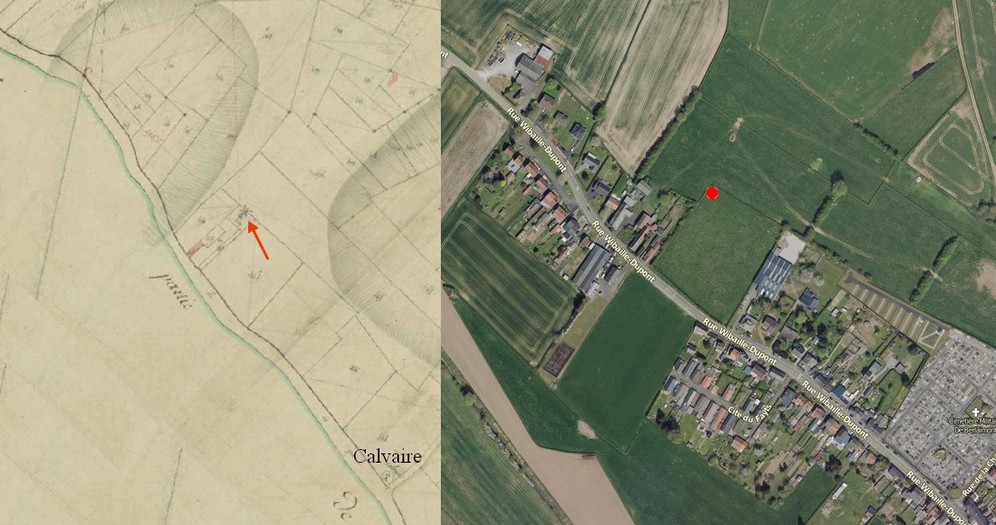 Avesnois, le moulin à vent de Berlaimont sur le cadastre de 1812 et vue satellite.