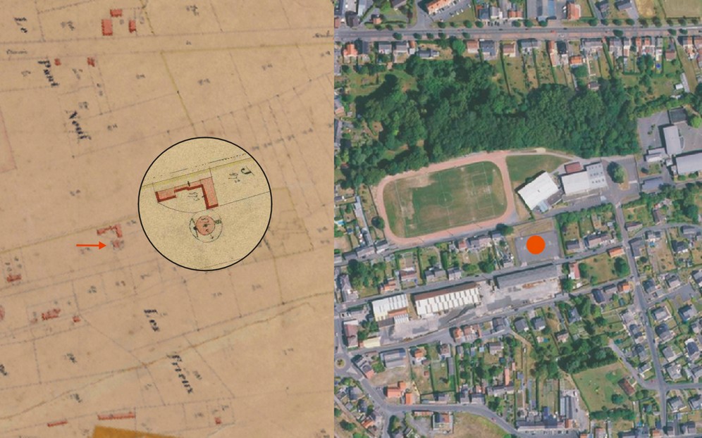 Avesnois, le moulin à vent de Ferrière la Grande sur le cadastre de 1845 et vue satellite.