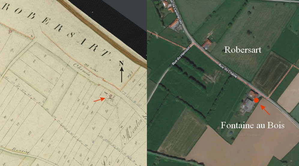 Avesnois, le  moulin à vent de Fontaine au Bois sur le cadastre de 181 et projection de son emplacement sur la vue satellite.