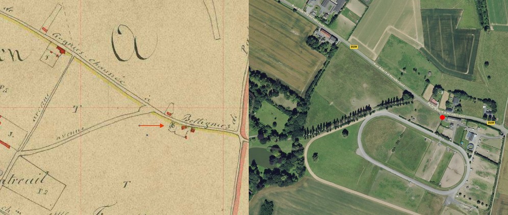 Avesnois, le moulin à vent de Gognies Chaussée sur le cadastre de 1844 et vue satellite.