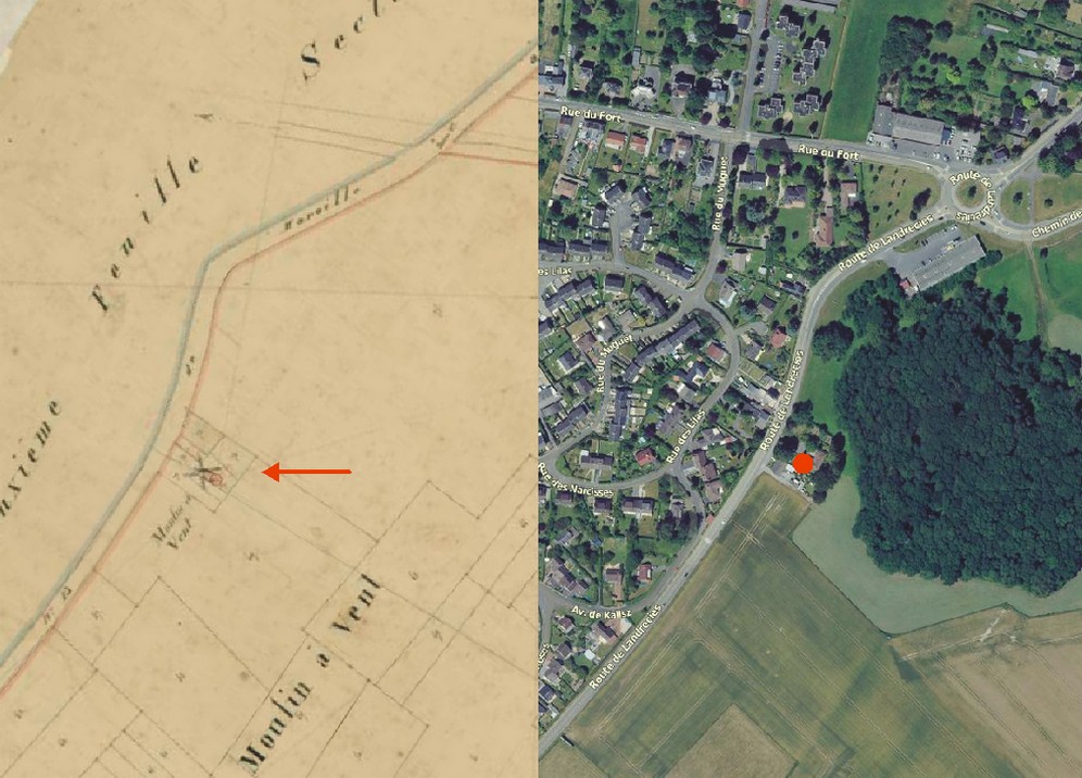 Avesnois, le moulin à vent d'Hautmont sur le cadastre de 1843 et vue satellite.