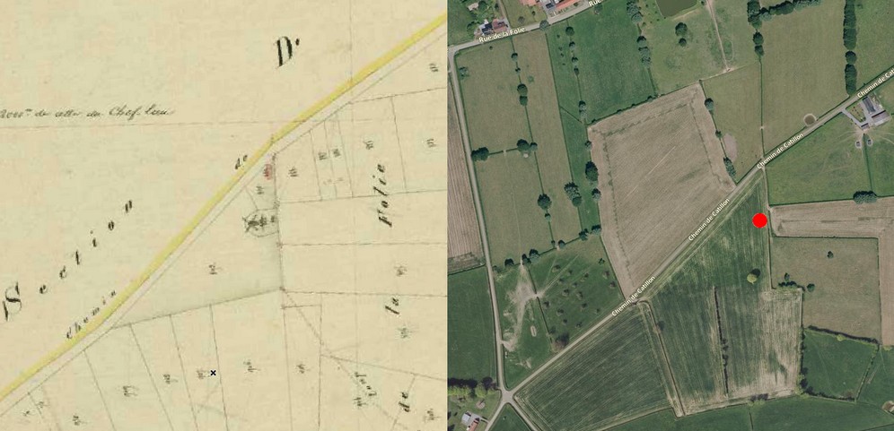 Avesnois, le moulin à vent du hameau de la Folie à Landrecies sur le cadastre de 1832 