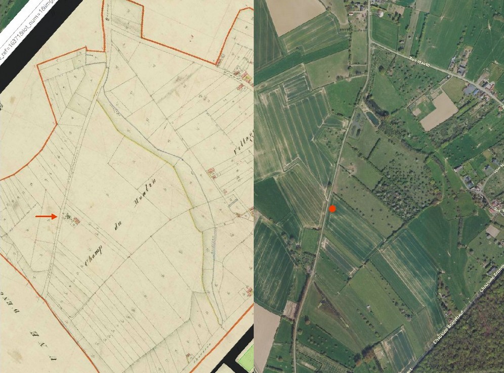 Le moulin à vent de Raucourt au Bois sur le cadastre de 1831