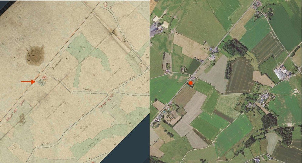 Avesnois, le moulin à vent de Taisnières sur Hon sur le cadastre de 1806 et vue satellite.