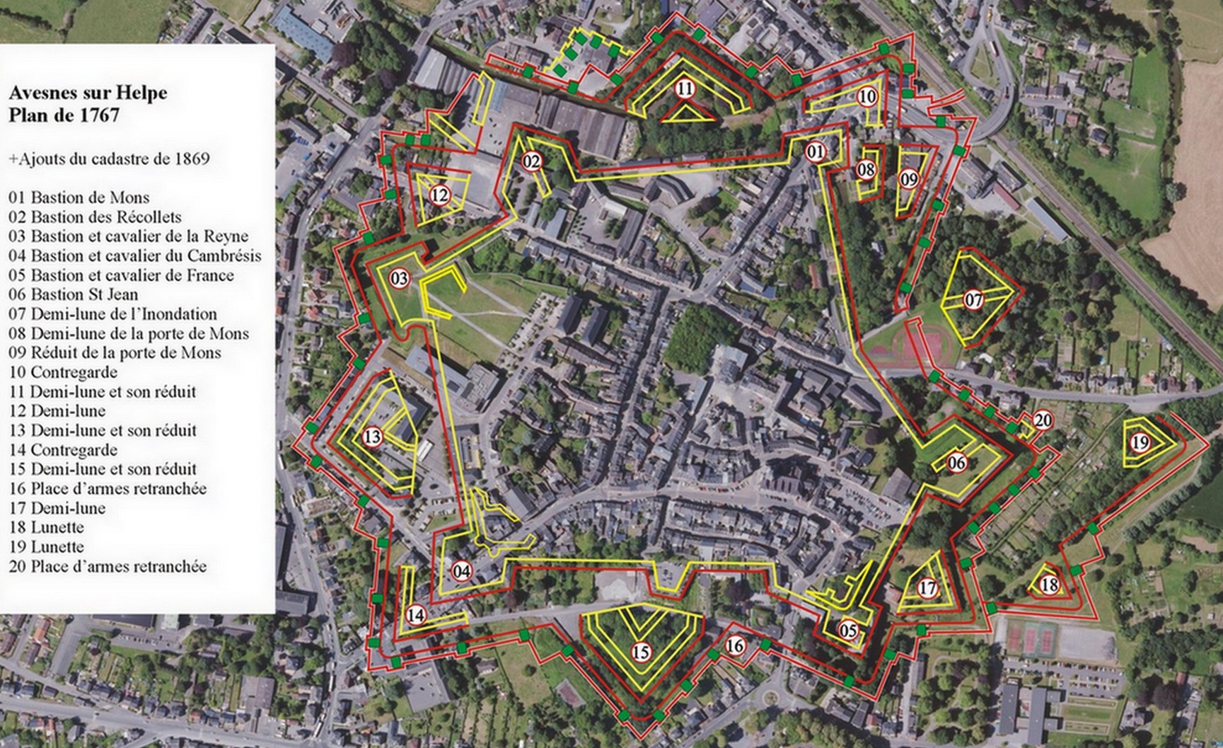 Remparts d'Avesnes-sur-Helpe, plan de 1767 projeté sur une vue satellite