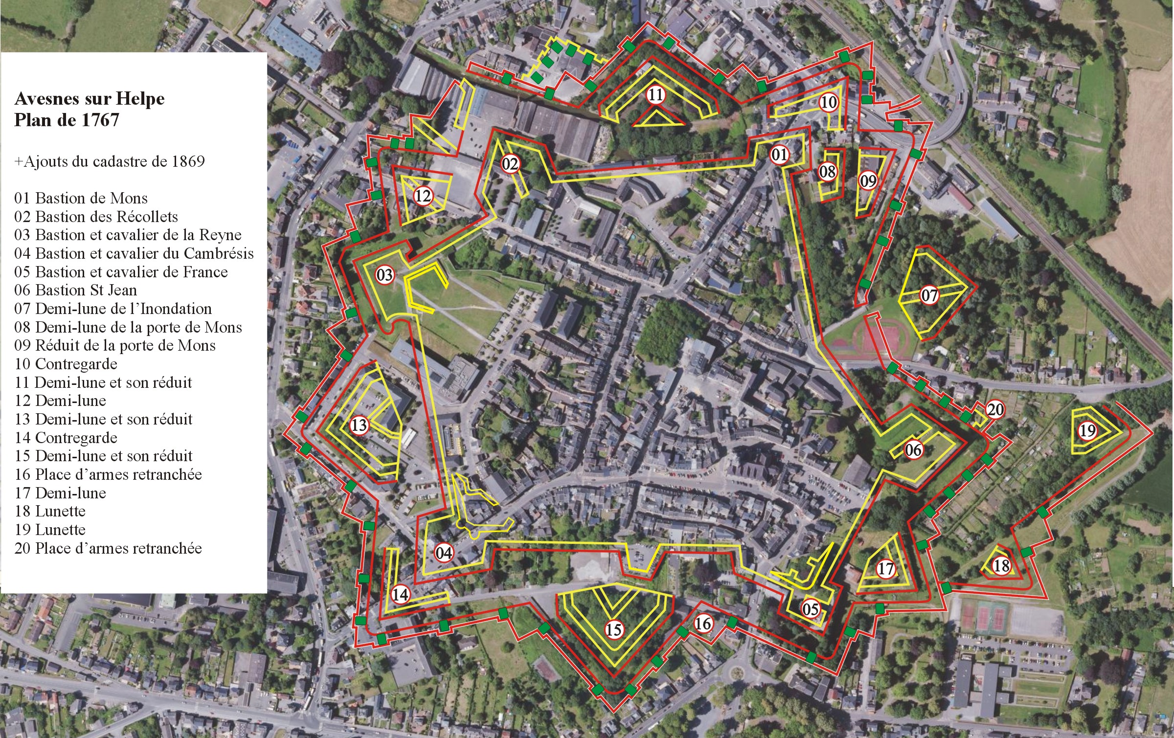 Remparts d'Avesnes sur Helpe, Plan de 1767 projeté sur une vue satellite