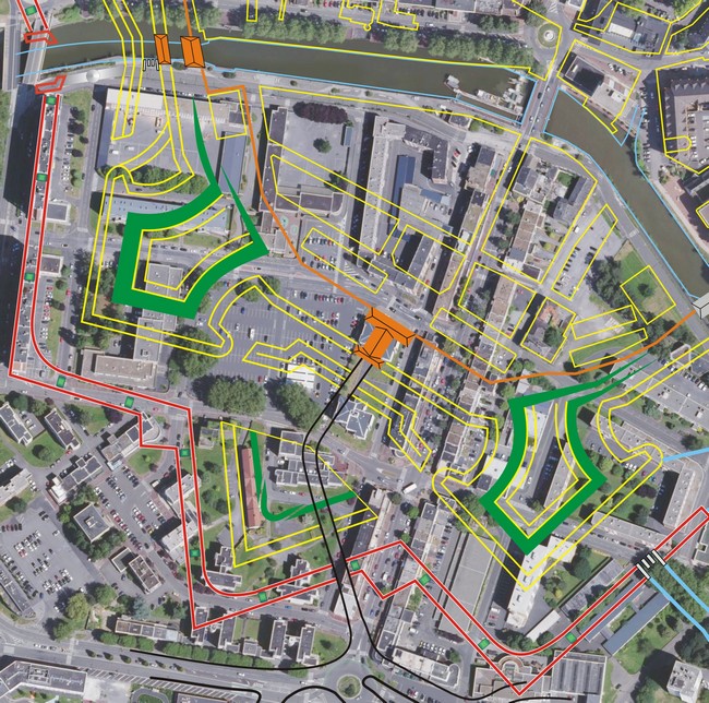 Remparts de Maubeuge, Le secteur de la porte de France projeté sur une vue satellite.