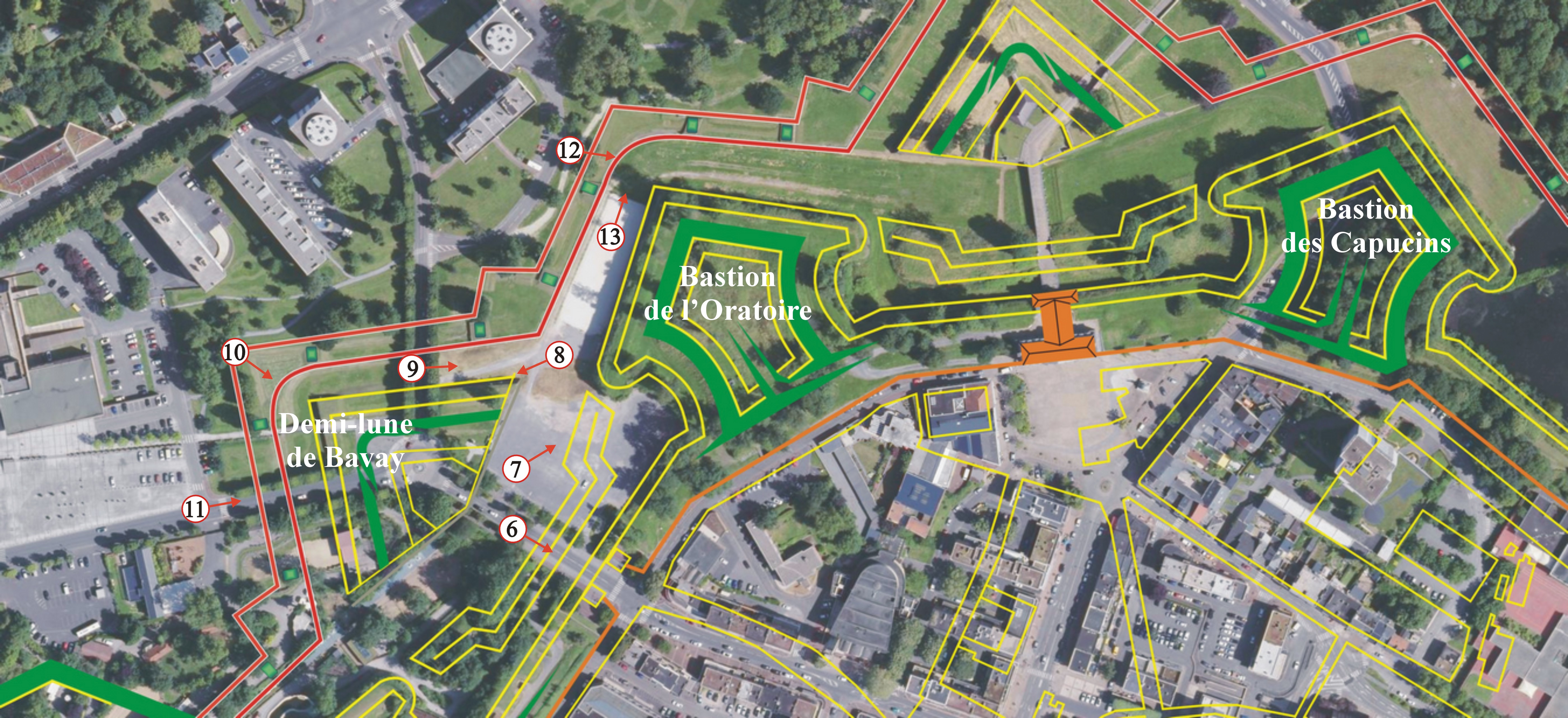 Les remparts de Maubeuge, les bastions des Jésuites et de Bavay sur une vue satellite.