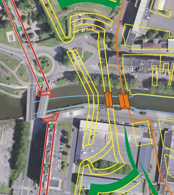 Remparts de Maubeuge, Projection sur une vue satellite de la porte d'entrée des eaux, de l'écluse et du batardeau